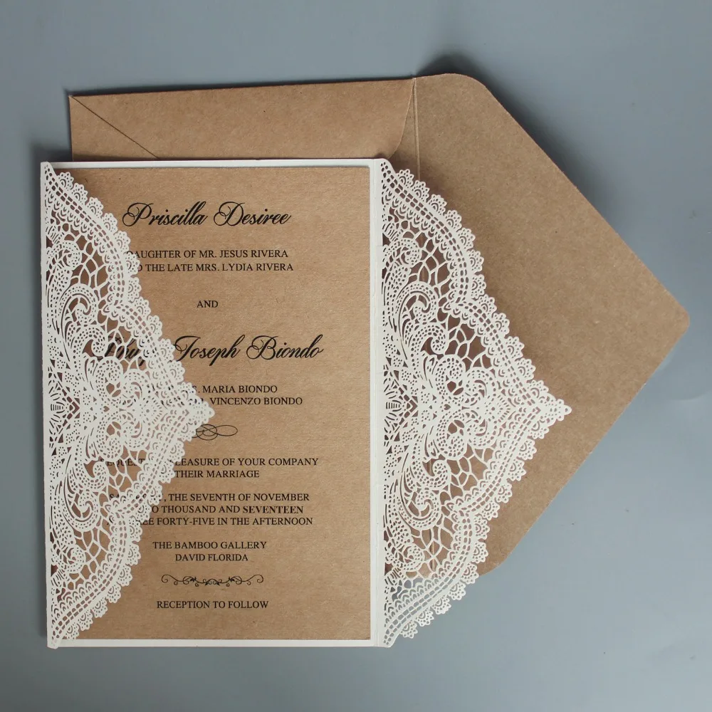  Rustic Wedding Invitations Suite Kraft Paper Invitation Cards Lace Wedding Invite With Envelope - S - 32904787350