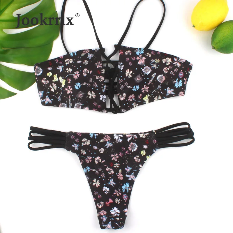 Jookrrix New Flowers Print Zipper Bikini Set Women Flora Slim Thong