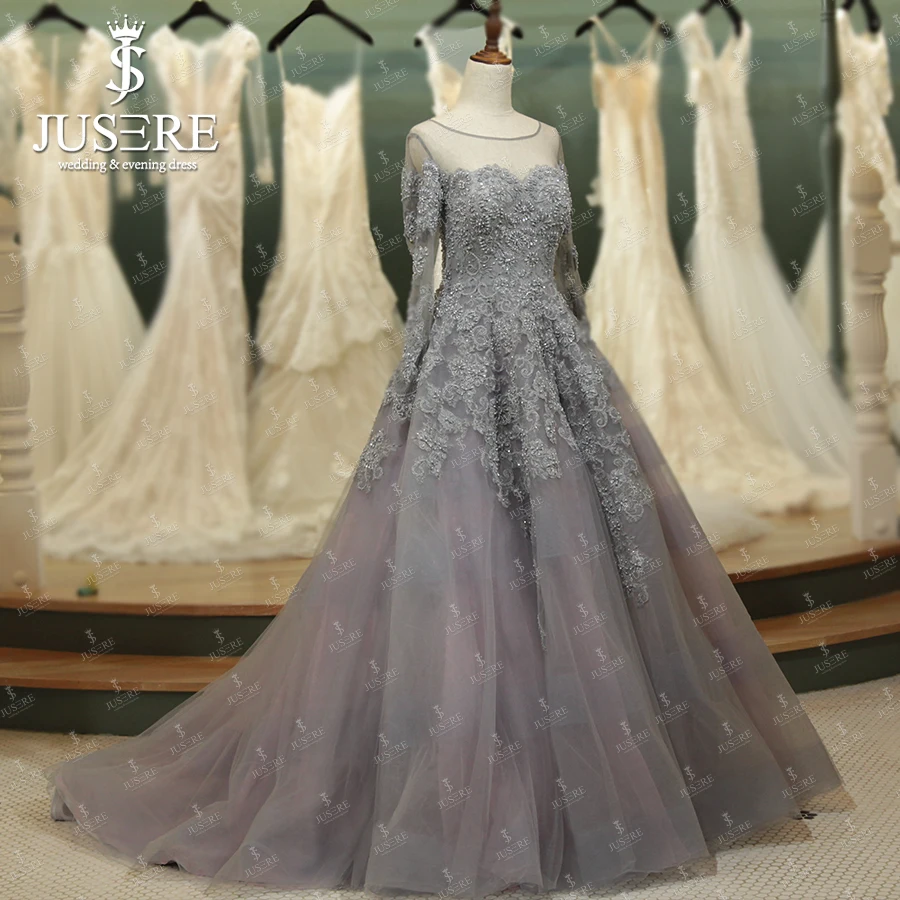 Illusion Neckline Long Sleeves Appliques Bead Ball Gown Wedding