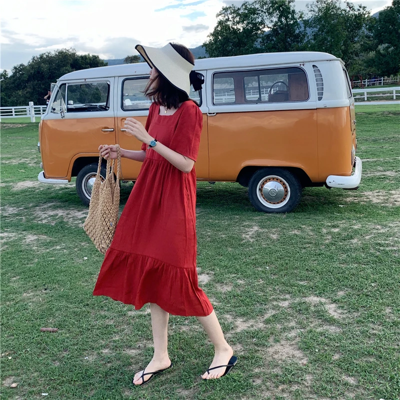 

Retro Square Neck High Waist Slim Dress Women's Kawaii Lovely Dresses Ins Chic Female Sweet Harajuku Punk Clothes For Women