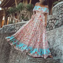 Off Shoulder Floral Maxi Dress Elegant Women Strapless Tunic Casual Fashion Ruffle Summer Boho Holiday Print Pink Long Dresses off shoulder random floral print dress in pink
