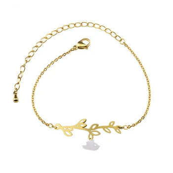 

10PCS Cute Baby Bird On Branch Bracelet For Women Stainless Steel Olive Branch Leaf Gold Silver Color Chain Charm Bracelet Femme