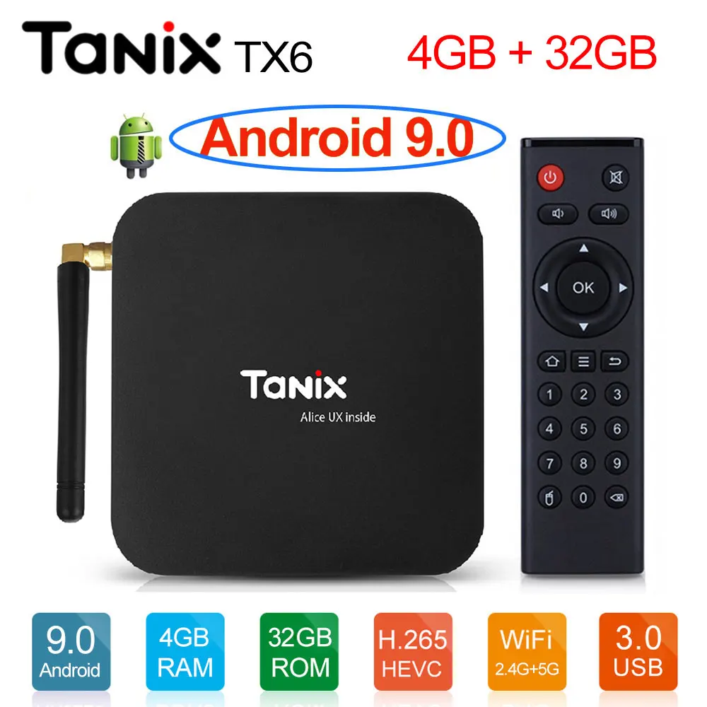 

Tanix TX6 Android 9 Smart TV Box android 9.0 Allwinner H6 4GB RAM 32GB ROM Support 4K H.265 2.4G/5GHz WiFi BT4.1 Media Player