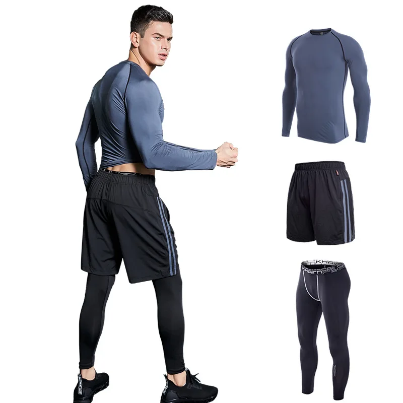 Men Compression rashguard men's multi-functional fitness pants-Long sleeve T-shirt + shorts 3 Piece set Clothing Tops & Tees men