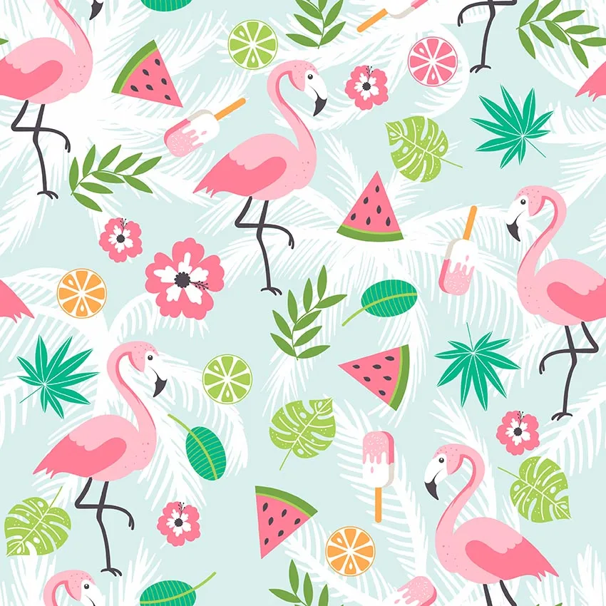 Cartoon Flamingo Backdrop Printed Green Leaves Pink Flowers Watermelon