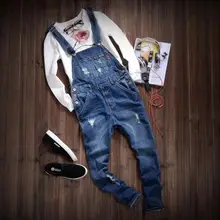 New Fashion Ripped Mens Denim Bib Overalls Jeans 2015 Brand Men s Clothing Casual Distrressed Jumpsuit