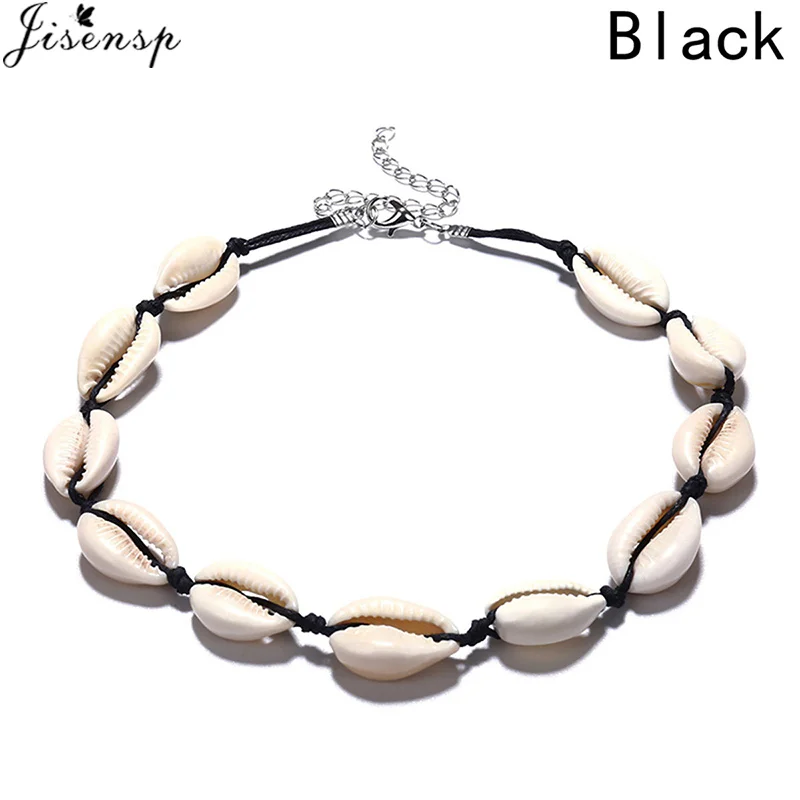 Jisensp New Fashion Black Rope Chain Natural Seashell Choker Necklace Collar Boho Shell Chokers Necklaces for Summer Beach Gift