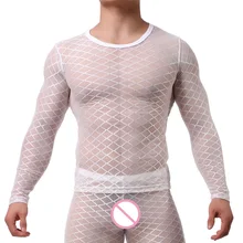 Мужская сексуальная футболка, прозрачная сетка, длинный рукав, футболки для геев, экзотические, Клубная одежда, фетиш, Мужская Нижняя майка, одежда для сна, топы, футболки