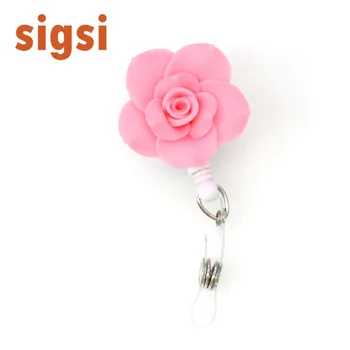 

50pcs wholesale Fancy Rose pink Retractable Flower nurse /nursing Badge Reel ID Badge Holder for gift