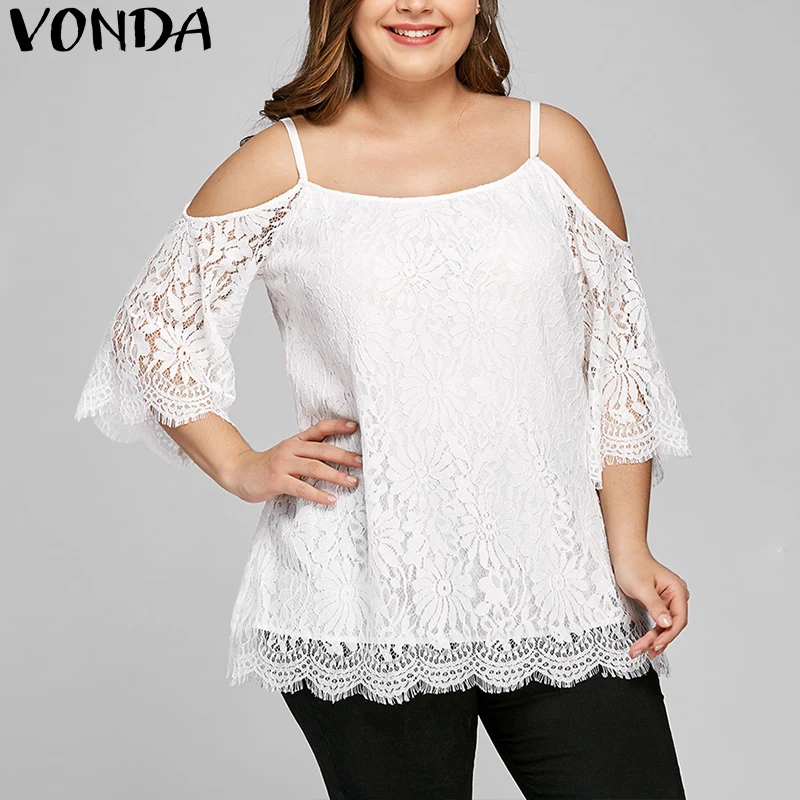 

VONDA Maternity 2019 Beach Top Tees Sexy Off Shoulder Solid Shirts Women Lace Casual Loose Pregnancy Blouses Plus Size Baggy