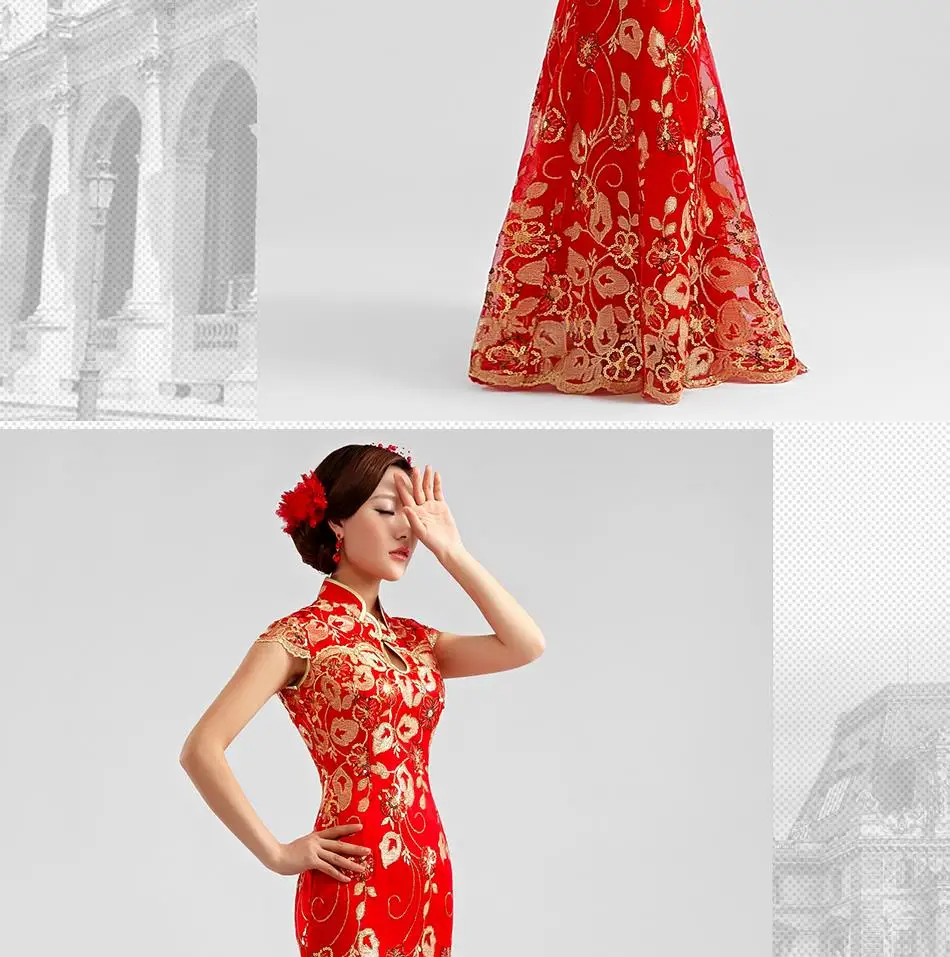 Современные китайское традиционное платье Длинные cheongsam красный xxxl Феникс Плюс размеры чонсам, свадебное платье рыбий хвост кружево в блесток