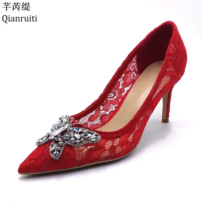 

Qianruiti Pink Red Lace Embroidery Women High Heels Shoes Crystal Butterfly Knot Bridal Wedding Shoes Pointed Toe Women Pumps