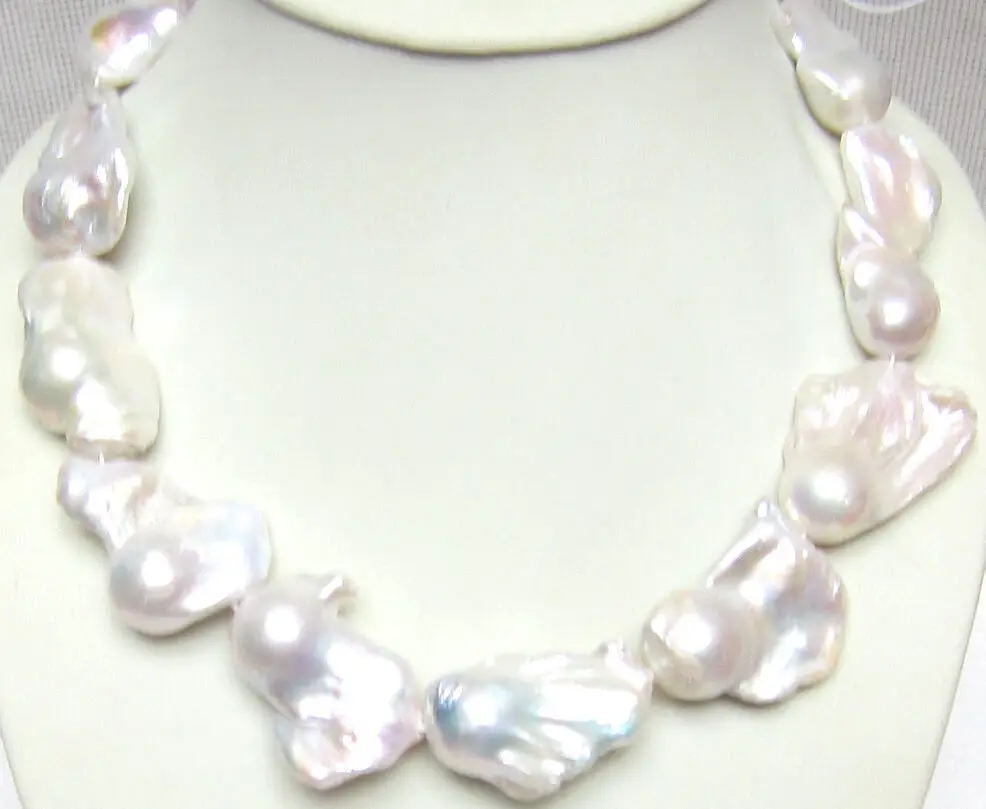 

free shipping>>@@ JY&1878 17IN HUGE ONLY 35-25MM AAA+ AKOYA WHITE BAROQUE PEARL NECKLACE 14KCLASP