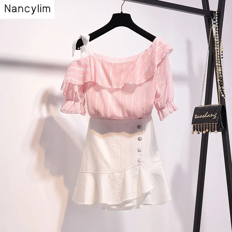 

Sets Women's Summer New Off The Shoulder Suspender Shirt + Fishtail Skirt Two Piece Girls Student Smart Skirt Sets Streetwear