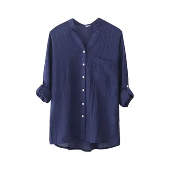 

Women Long Sleeve Blouse Cotton Linen Tops Casual Sheer Button Down Shirt