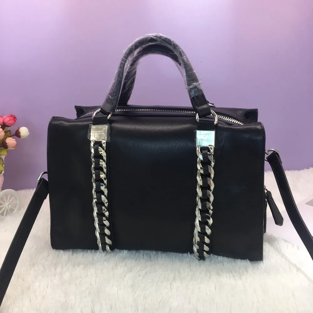 

2017 new fashion women black soft genuine leather vintage rivet top handle bag famous brand designer cow leather shoulder bag