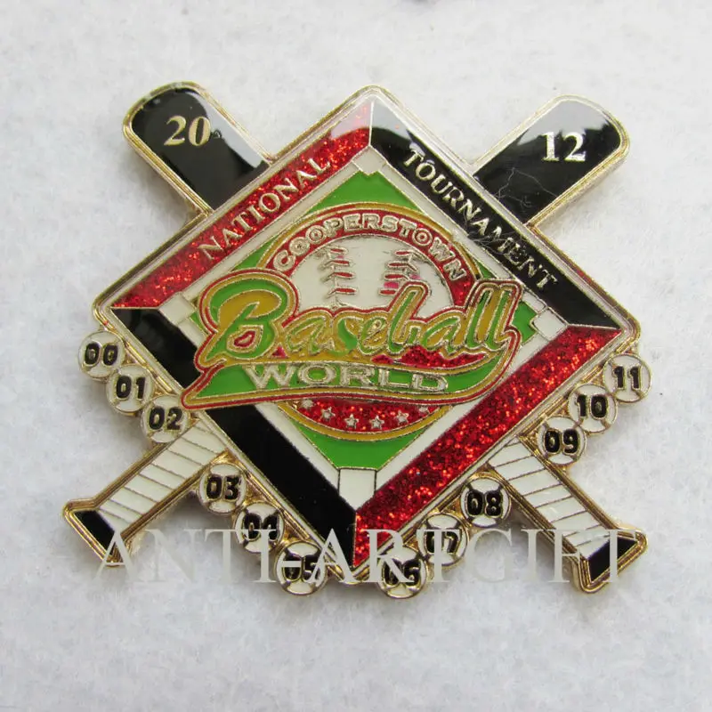 Custom Baseball Pins Red Glitter with Epoxy 2'' Gold Platedin Badges