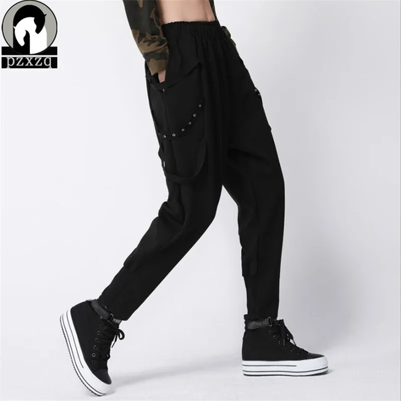 

2018 Fashion Hip Hop Women's Elastic Trousers Black High Waist Cargo Pants Women Pockets Patchwork Loose Streetwear Pencil Pants