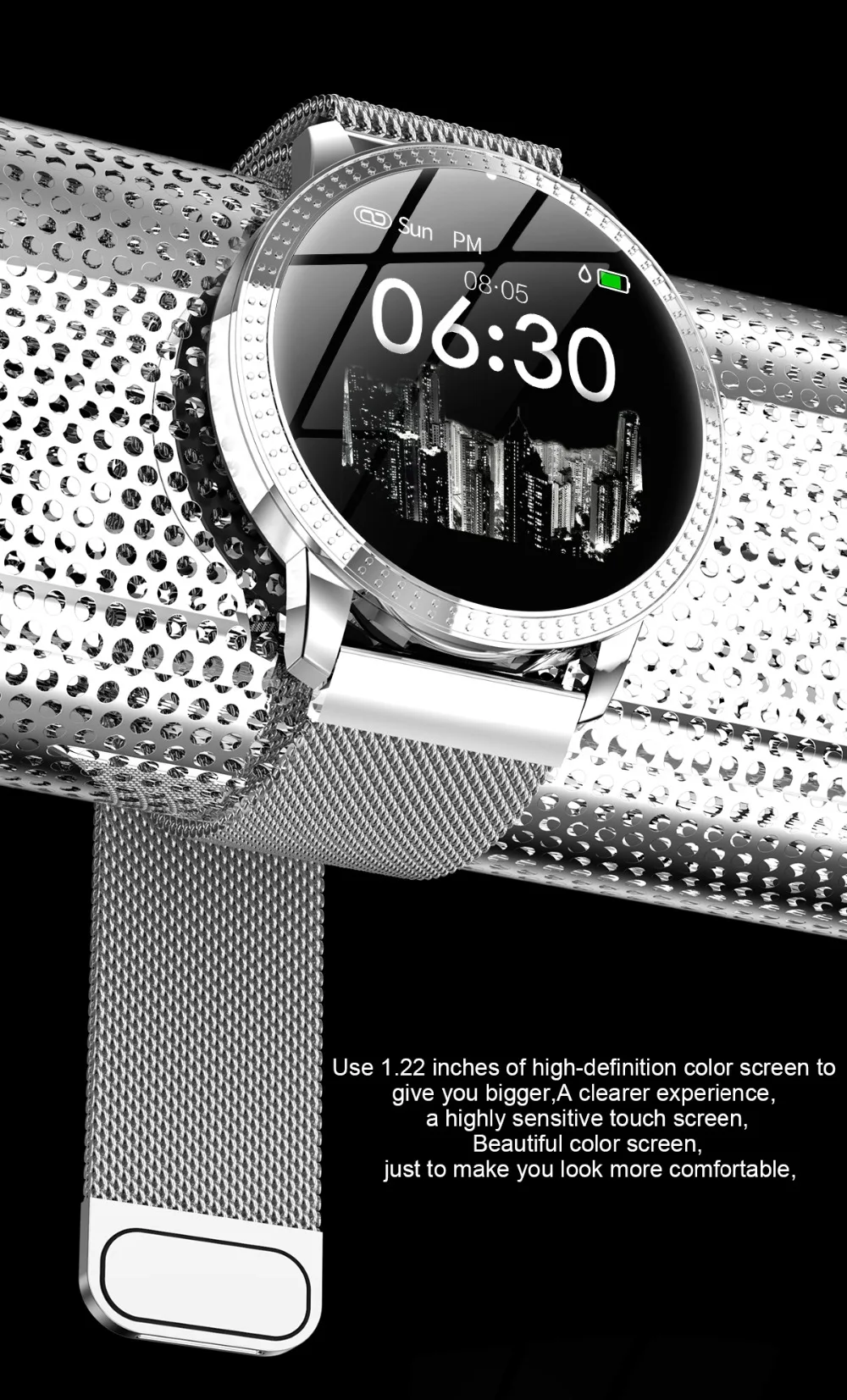 CF18 Смарт-часы IP67, водонепроницаемые, кровяное давление, пульсометр, металл, Starp, много спортивных режимов, 1,22 дюймов, умные часы, женский ремешок