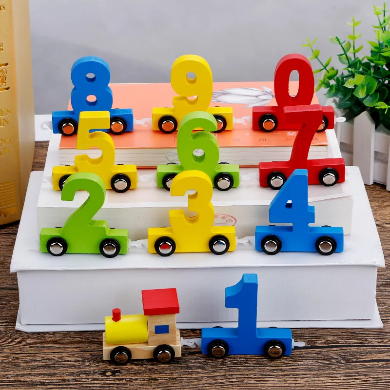 

Candice guo wooden toy wood block funny game colorful 10 number car DIY digital train play house connect choochoo baby gift set