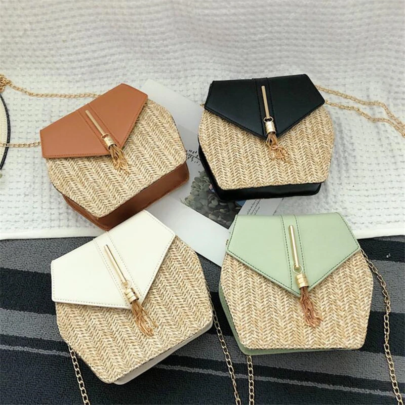 المنسوجة يدويا المرأة سترو حقيبة السيدات صغيرة حقائب كتف بوهيميا الشاطئ Crossbody حقيبة حقيبة الإناث الحلوى اللون رفرف حمل أكياس