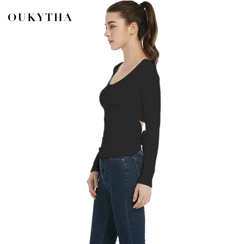 Oukytha 2018 модная сексуальная черная футболка с круглым вырезом Женская открытой