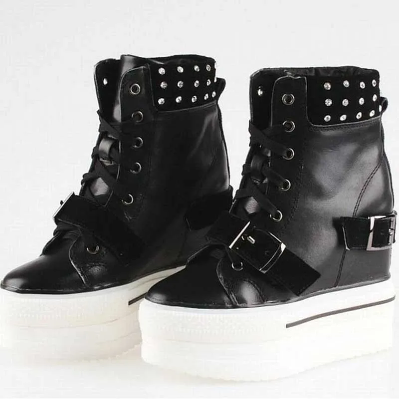 

women fashion wedges high heels sneakers platform high top lace up casual shoes thick sole height increasing ladies pumps