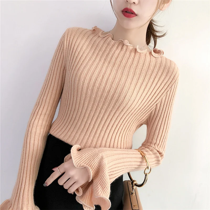 

High Quality Autumn Winter Sweater Women Pullovers Fashion Women's Solid Ruffles Full Flare Sleeve Sweaters For Female 2018