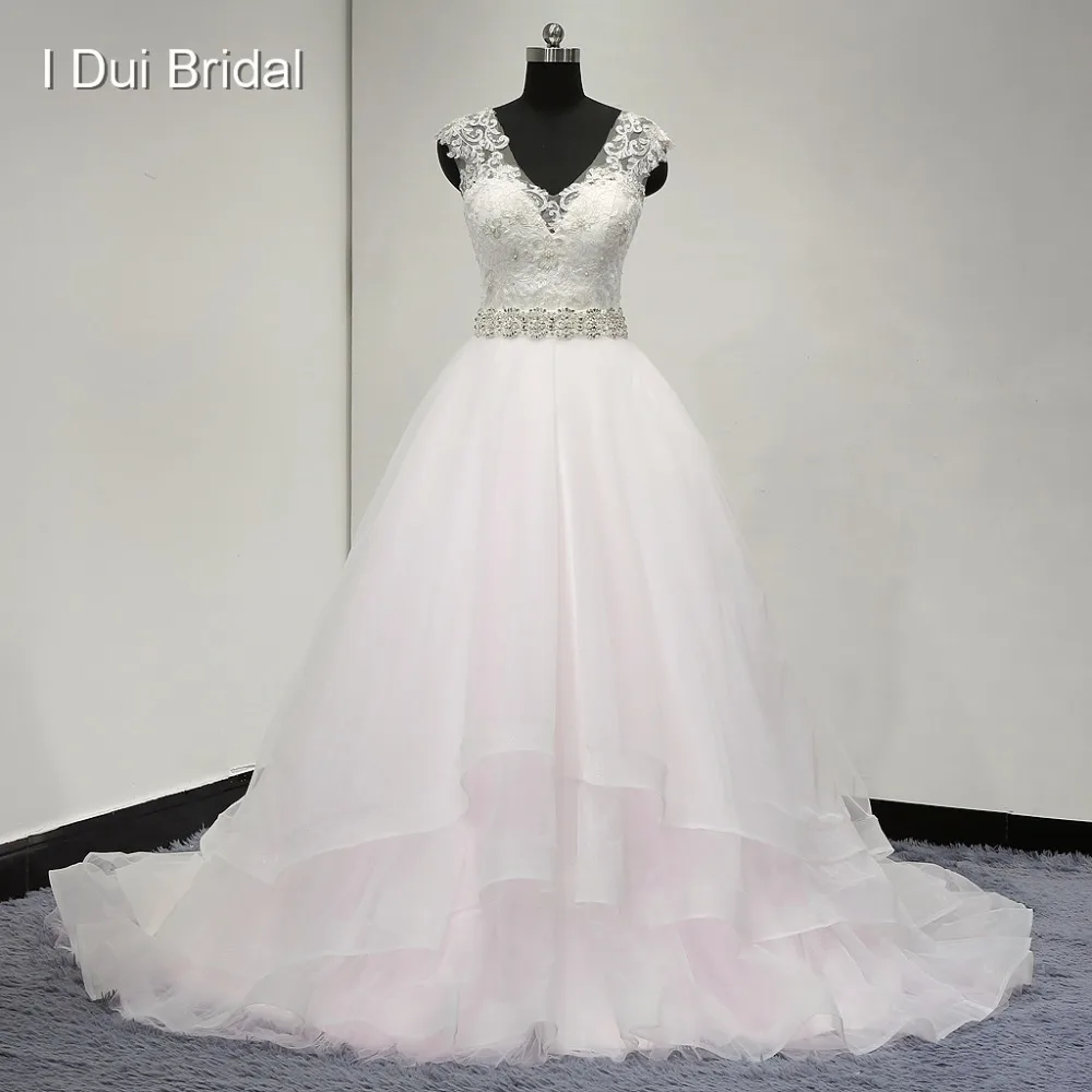 

Power Pink Wedding Dress with Luxury Rhinestone Belt Tiered Tulle Layer V Neck Custom Made Real Photo