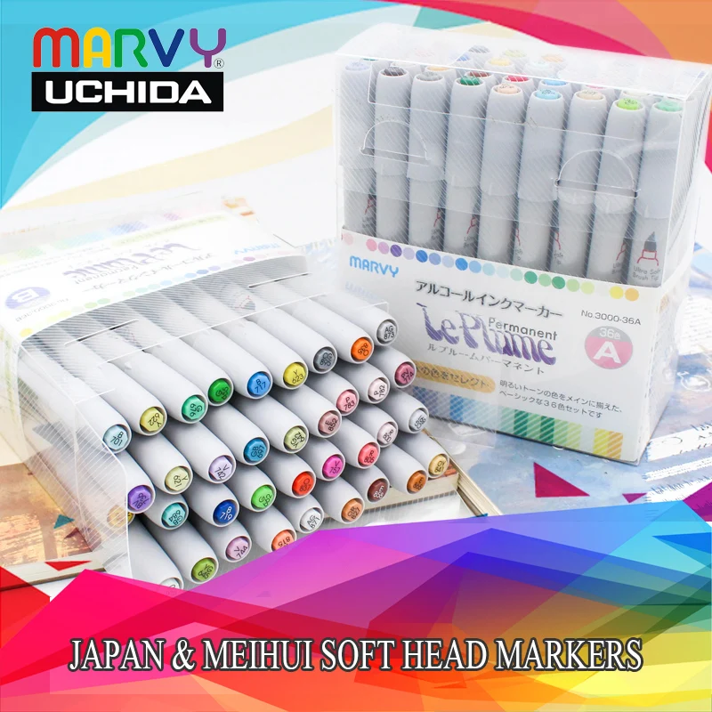 Marvy 3000 Soft Head Brush Markers 12/24/36/72/144pcs Set Manga Colores Brush Markers Pen For Art Supplies