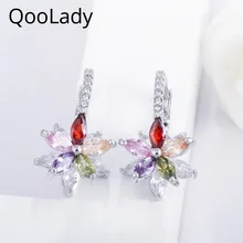 Qoolady корейский стиль красочные кубического циркония серебро 3D геометрический сладкий цветок ювелирные изделия серьги гвоздики для вечерние для женщин подарок E005
