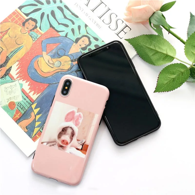 WOTP suave parejas caja del teléfono del cerdo de la historieta para iphone 7 Plus para iphone X 6 6 S 7 8 lindo conejo suave cubierta trasera Fundas