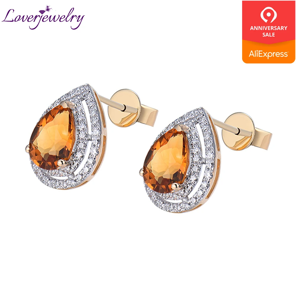 Us 417 0 Loverjewelry Earrings For Women Vintage 2 71ct Natural Diamonds Pear Cut Citrine Stud Solid 14k Yellow Gold 6x8mm Stone In
