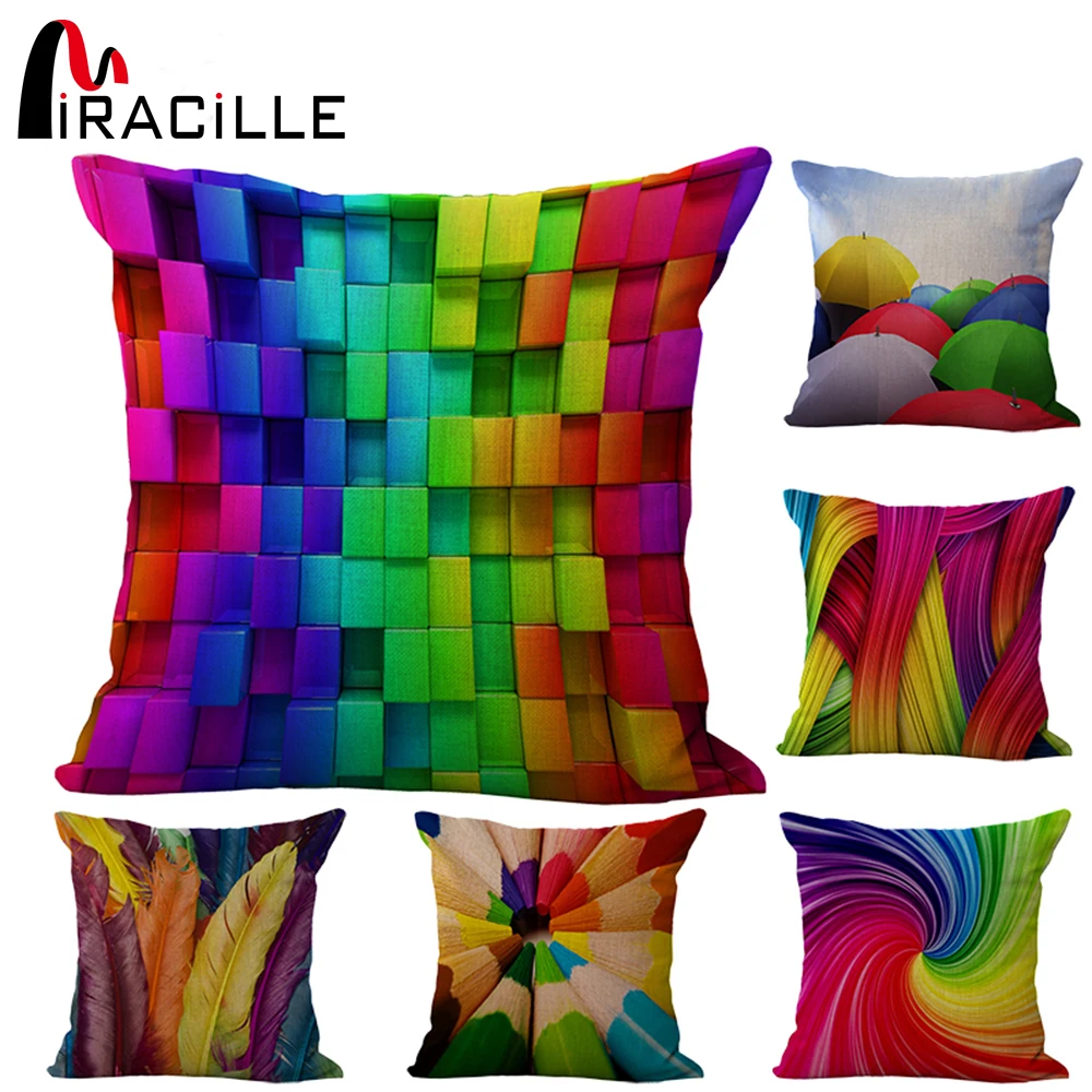 

Colorful 3D Pencil Geometric umbrella feather Patchwork Cotton Linen Throw Pillow Case Cushion Cover Home Decor