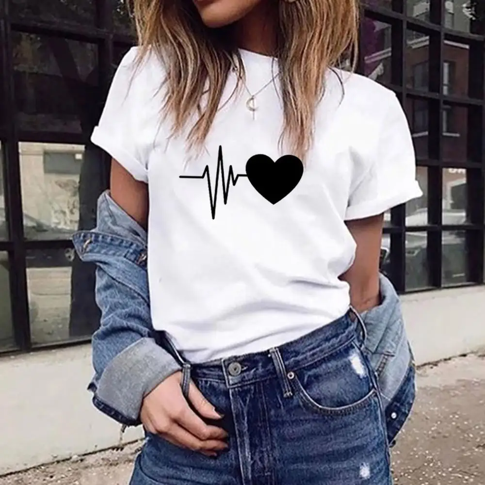

Fashion Women Loose Short Sleeved Heart Print T-Shirt Casual O-Neck Top Tee for Girl Summer T shirt Clothing