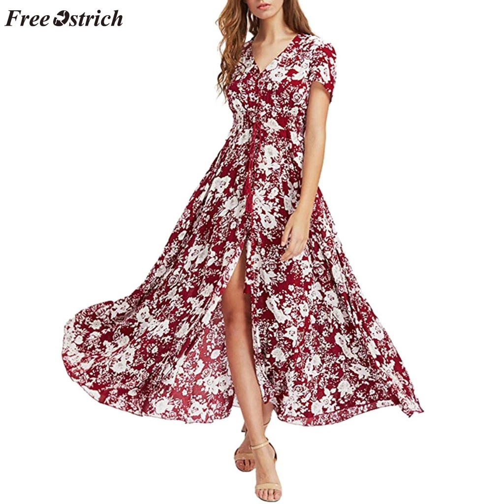 

FREE OSTRICH Women's cotton blend floral print button V-neck short-sleeved split elegant summer dignified elegant Bohemian dress