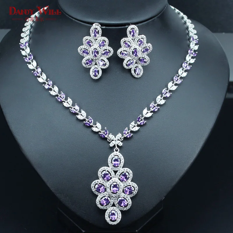 

DANDY WILL Wedding Purple Cubic Zirconia Necklace Earrings For Women Fantastic Silver Color Bridal Jewelry Set With Box
