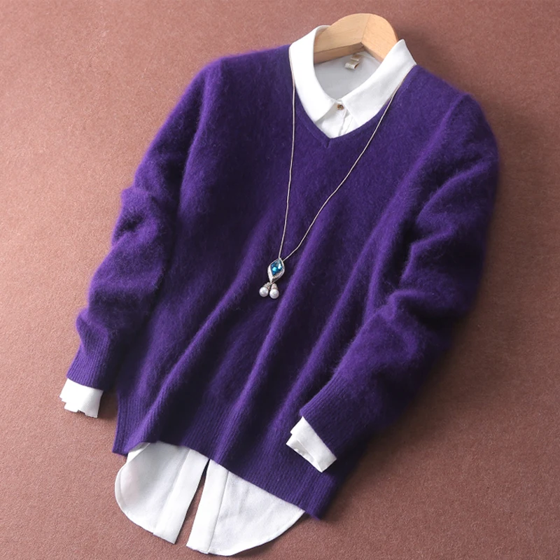 

Super Warm Fluffy Mink Cashmere Soft Fur V-neck Sweaters and Pullovers for Women Autumn Winter Jumper Female Brand Jumper WA650