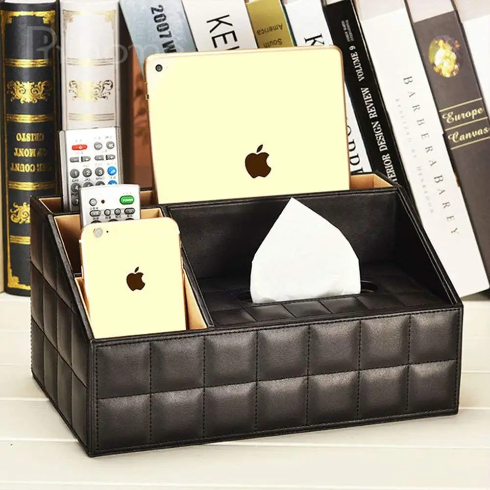 

XRHYY Black Leather Quilted Design Supplies Organizer With Built In Tissue Box Holder. 4 Compartment Desktop Organizer