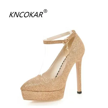 

KNCOKAR 2018 In spring and summer, the new golden wedding dress and the pointy headband with sequined waterproof platform heels