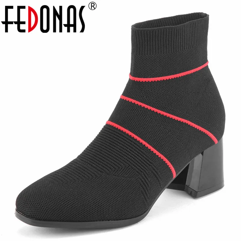 

FEDONAS Newest Women Thick High Heels Socks Boots Night Club Party Wedding Shoes Woman Ladies Short Basic Ankle Boots