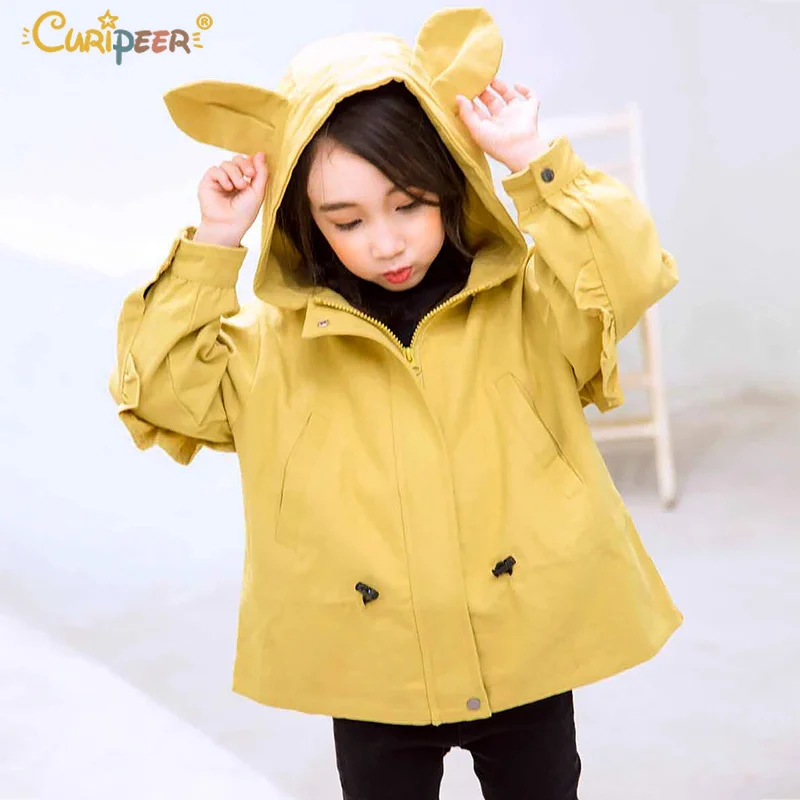 

2018 Autumn girl hooded outerwear Thick children jacket coat rabbit hood Toddler clothes with ruffles sleeve winter