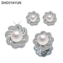 SHDIYAYUN прекрасный комплект ювелирного изделия с натуральным камнем набор пресноводных жемчужин цветок ожерелье серьги кольцо стерлингового серебра 925 ювелирные изделия для женщин