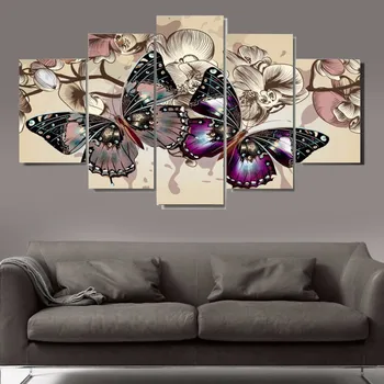 

5 Panels Butterflies and Flowers Posters HD Printed Painting Canvas Beautiful Butterfly Living Room Decoration Wall Art Pictures