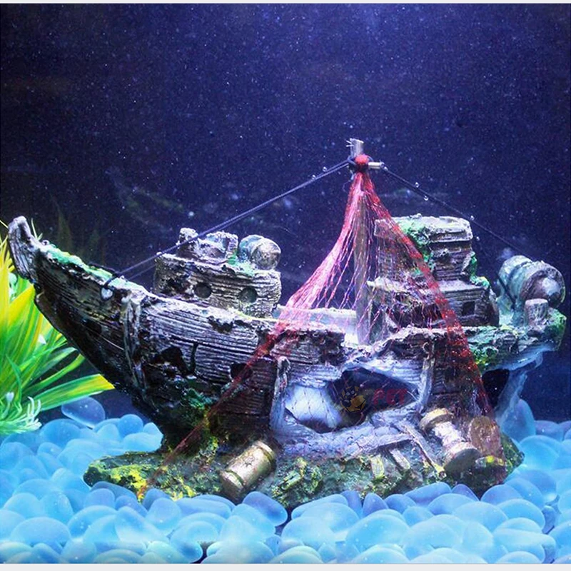 Aquarium Decor Fish Tank Resin Shipwreck Decoration Pirate Treasure Ship Fishing Net Ornament Accessories Statue For Fishes Hide5