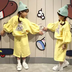 Осенний комплект для девочек весна puff рукава Длинные рукава футболки детская юбка Детские костюмы Два-Костюм из нескольких предметов 3-12years