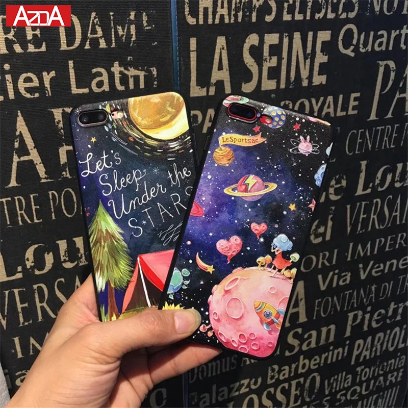 

Phone Case for iPhone 6 6S Plus Cartoon Durable Starry Space Universe 3D Relief Silicon Soft Cover Cases for iPhone 7 8 Plus