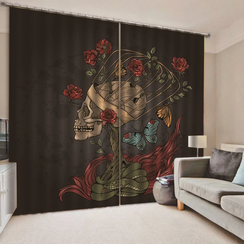 

Skull Floral Printed Windows Curtains for Living Room Bedroom Decorative Kitchen Curtains Drapes Window Treatments customized