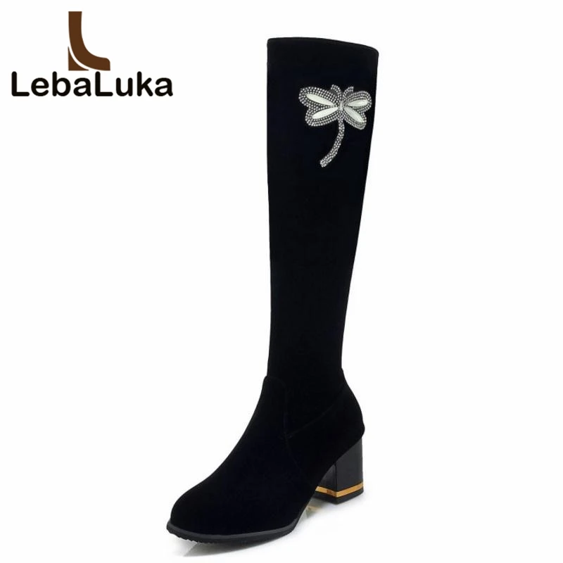 

Tuyoki Women Knee High Boots Winter Crystal Bowknot Warm Fur Shoes Woman Fashion Round Toe High Heels Long Boots Size 33-43