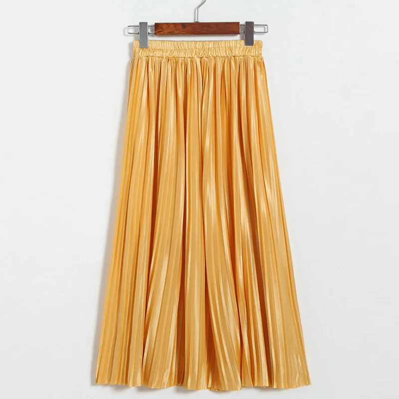 Aonibeier Women Pleated Skirt Long Skirt Elastic High Waist Midi Skirt Autumn Sexy Fashion Female Vintage Metallic Skirts Womens - Цвет: Yellow